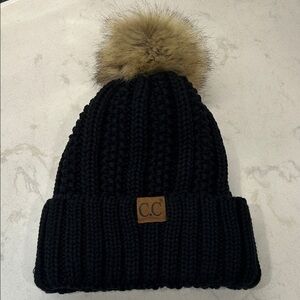 C.C Women's Sherpa Lined Pom Ribbed Beanie Hat Black Cable Knit Faux-Fur